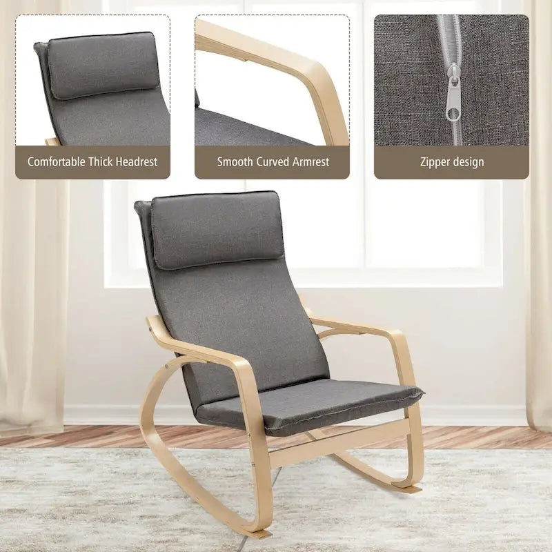 Grey Bentwood Rocking Chair, Fabric Upholstered, 1-Person