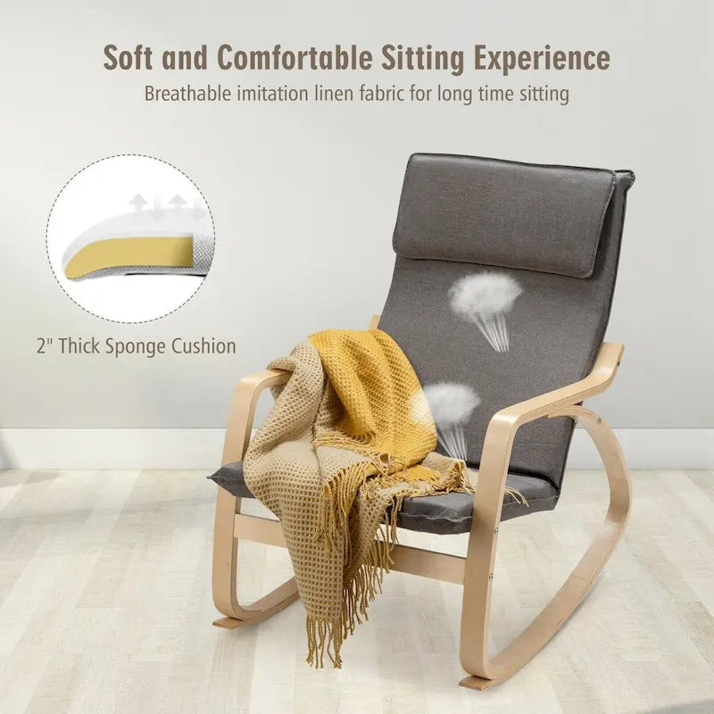 Grey Bentwood Rocking Chair, Fabric Upholstered, 1-Person