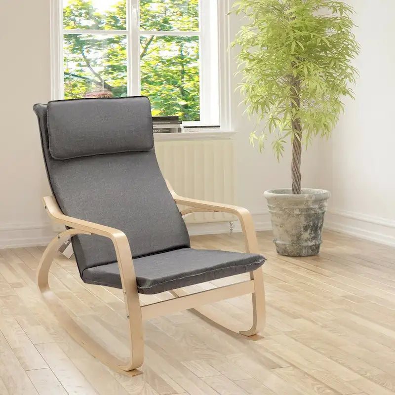 Grey Bentwood Rocking Chair, Fabric Upholstered, 1-Person