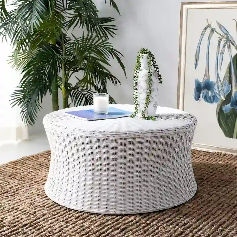 Woven Rattan Cocktail Ottoman (White / Dark Brown / Natural / Black), 1-Person