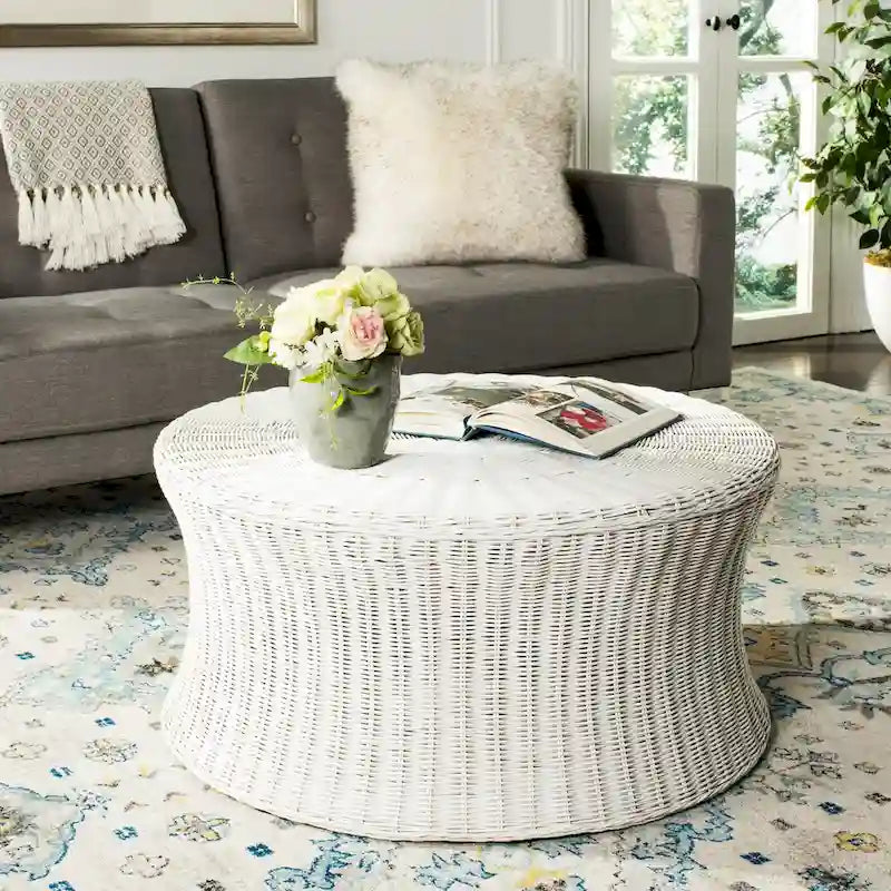 Woven Rattan Cocktail Ottoman (White / Dark Brown / Natural / Black), 1-Person