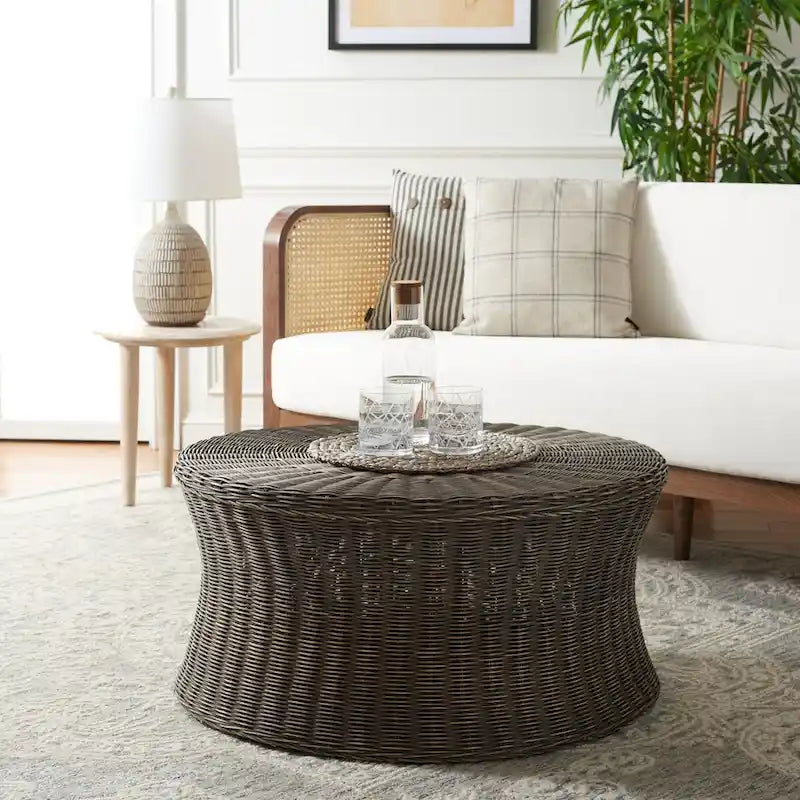 Woven Rattan Cocktail Ottoman (White / Dark Brown / Natural / Black), 1-Person