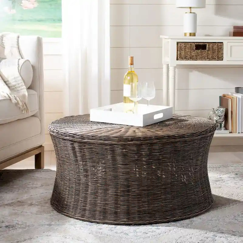 Woven Rattan Cocktail Ottoman (White / Dark Brown / Natural / Black), 1-Person