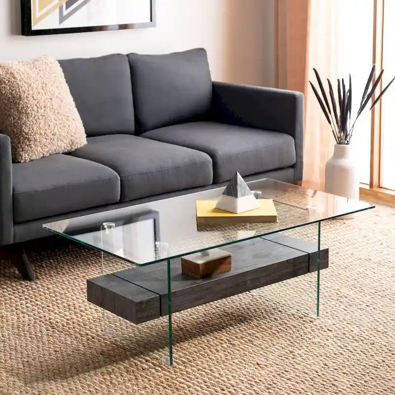 Clear Glass & Wood Shelf Modern Coffee Table, 1-Piece, Multiple Colors