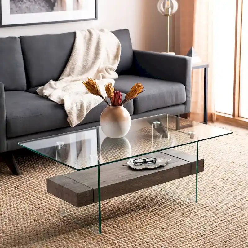 Clear Glass & Wood Shelf Modern Coffee Table, 1-Piece, Multiple Colors