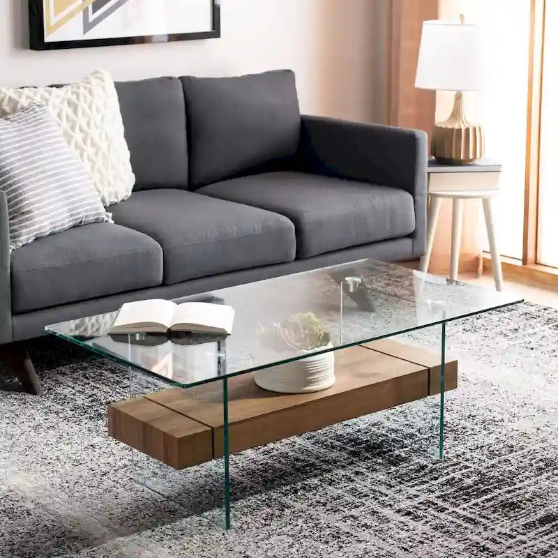 Clear Glass & Wood Shelf Modern Coffee Table, 1-Piece, Multiple Colors