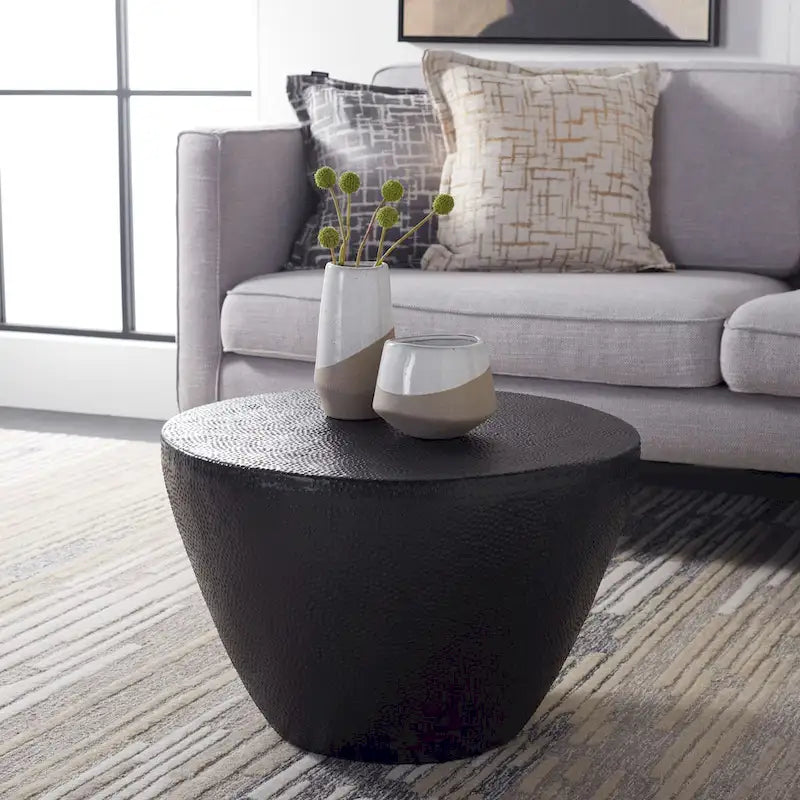 Drum Coffee Table, Matte Black / Brass, Moroccan Style, 24"W × 24"D × 16"H