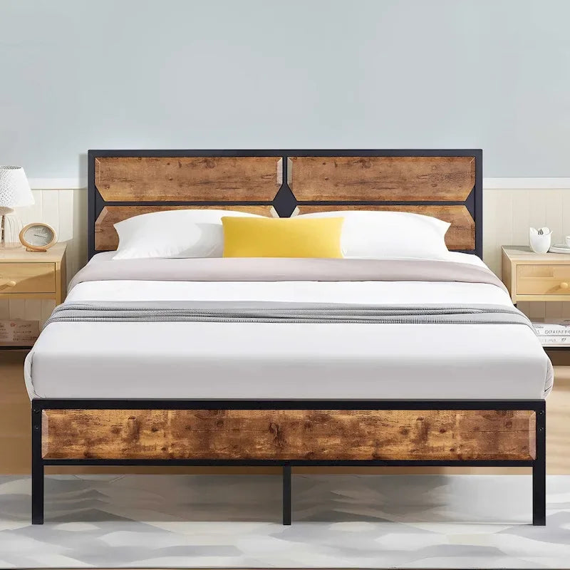 Rustic Brown / Black / Slate Industrial Platform Bed Frame with Headboard – Twin / Full / Queen, 1-Person