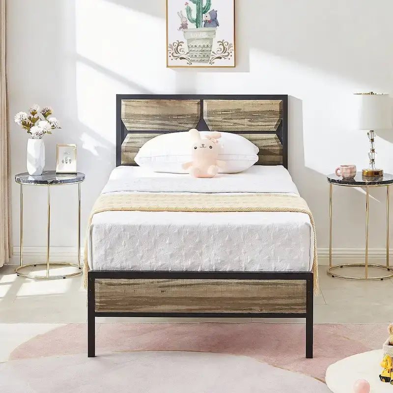 Rustic Brown / Black / Slate Industrial Platform Bed Frame with Headboard – Twin / Full / Queen, 1-Person