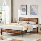 Rustic Brown / Black / Slate Industrial Platform Bed Frame with Headboard – Twin / Full / Queen, 1-Person