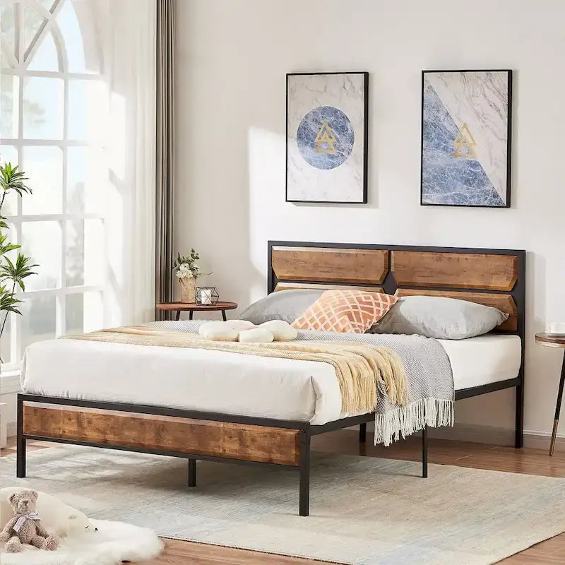 Rustic Brown / Black / Slate Industrial Platform Bed Frame with Headboard – Twin / Full / Queen, 1-Person