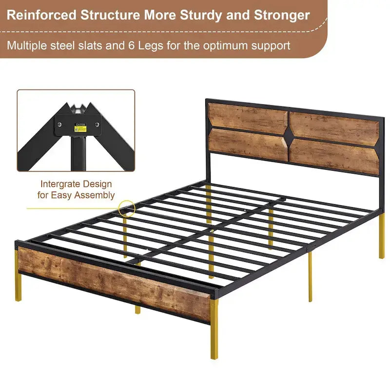 Rustic Brown / Black / Slate Industrial Platform Bed Frame with Headboard – Twin / Full / Queen, 1-Person