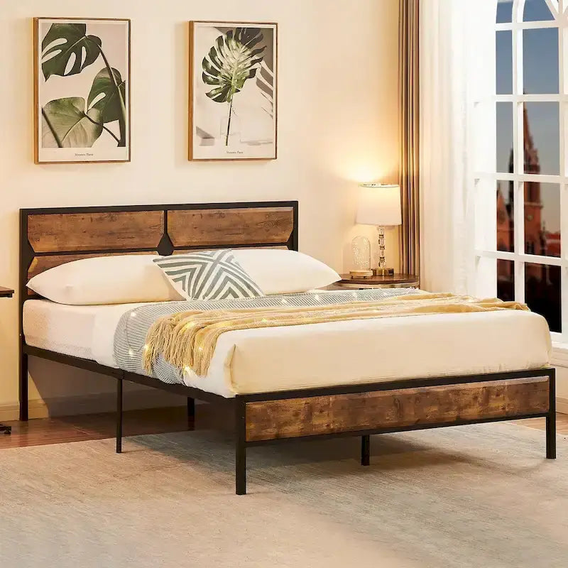 Rustic Brown / Black / Slate Industrial Platform Bed Frame with Headboard – Twin / Full / Queen, 1-Person