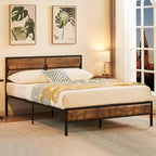 Rustic Brown / Black / Slate Industrial Platform Bed Frame with Headboard – Twin / Full / Queen, 1-Person