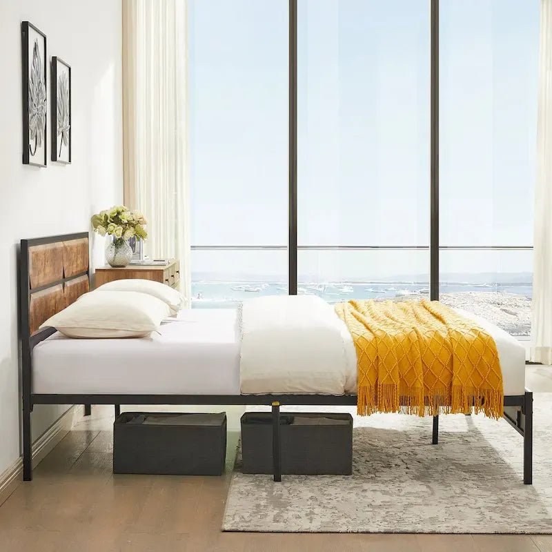 Rustic Brown / Black / Slate Industrial Platform Bed Frame with Headboard – Twin / Full / Queen, 1-Person