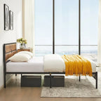 Rustic Brown / Black / Slate Industrial Platform Bed Frame with Headboard – Twin / Full / Queen, 1-Person