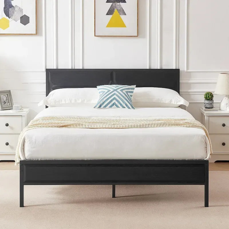 Rustic Brown / Black / Slate Industrial Platform Bed Frame with Headboard – Twin / Full / Queen, 1-Person