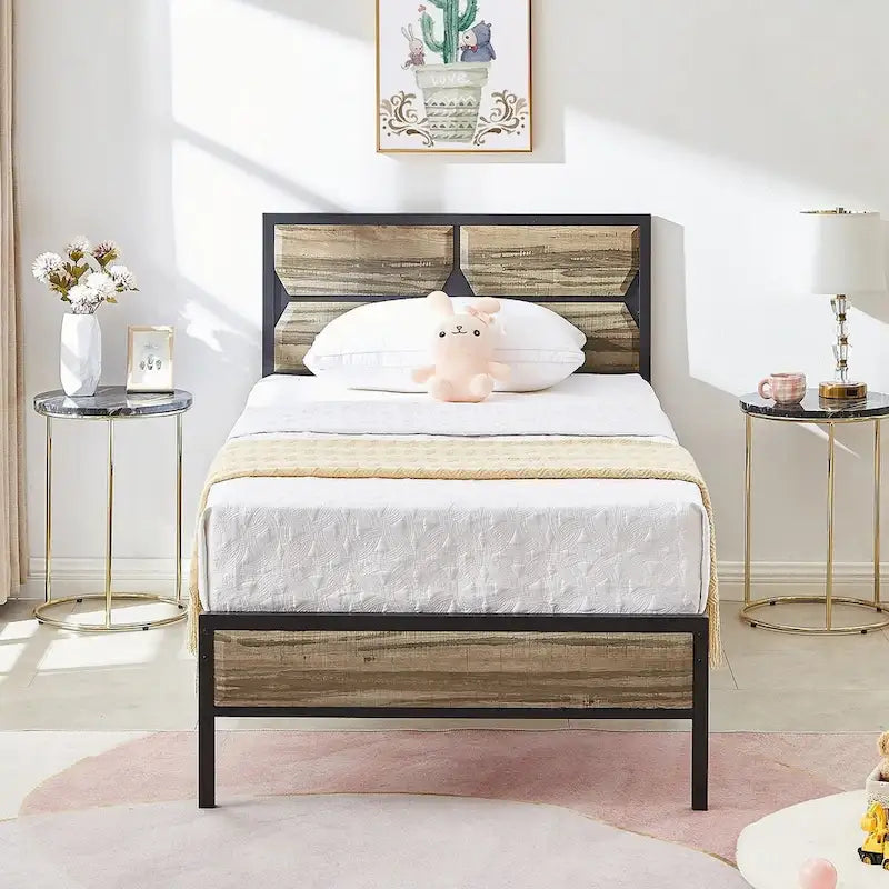 Rustic Brown / Black / Slate Industrial Platform Bed Frame with Headboard – Twin / Full / Queen, 1-Person