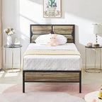 Rustic Brown / Black / Slate Industrial Platform Bed Frame with Headboard – Twin / Full / Queen, 1-Person