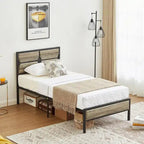 Rustic Brown / Black / Slate Industrial Platform Bed Frame with Headboard – Twin / Full / Queen, 1-Person