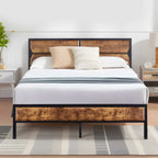 Rustic Brown / Black / Slate Industrial Platform Bed Frame with Headboard – Twin / Full / Queen, 1-Person