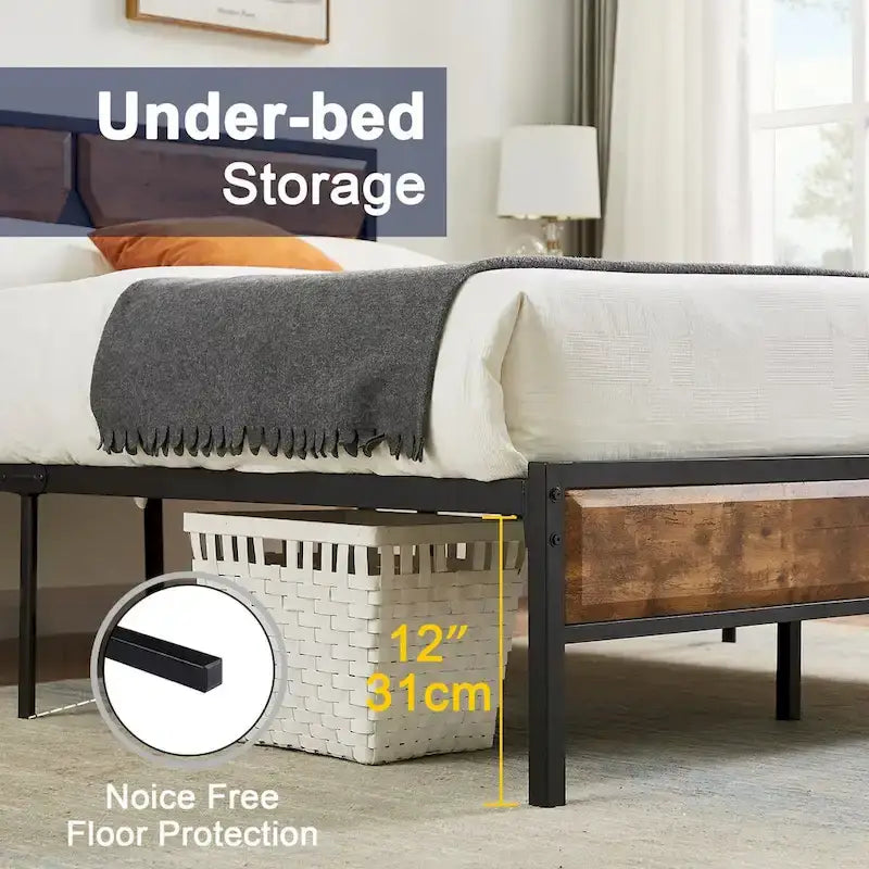 Rustic Brown / Black / Slate Industrial Platform Bed Frame with Headboard – Twin / Full / Queen, 1-Person