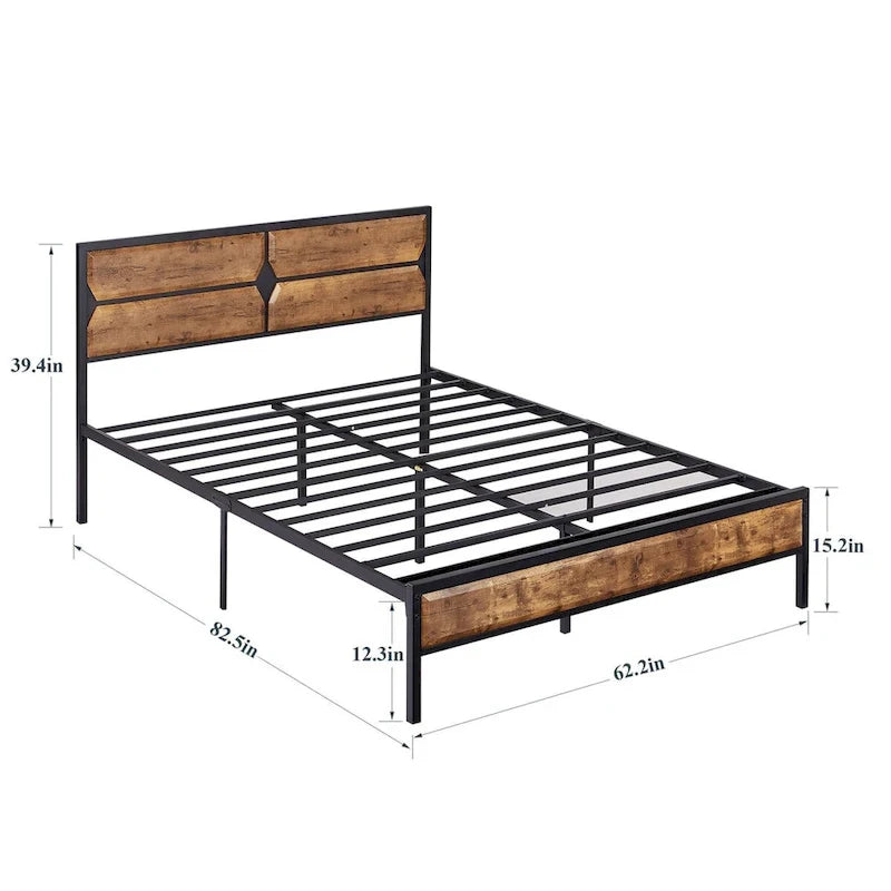 Rustic Brown / Black / Slate Industrial Platform Bed Frame with Headboard – Twin / Full / Queen, 1-Person