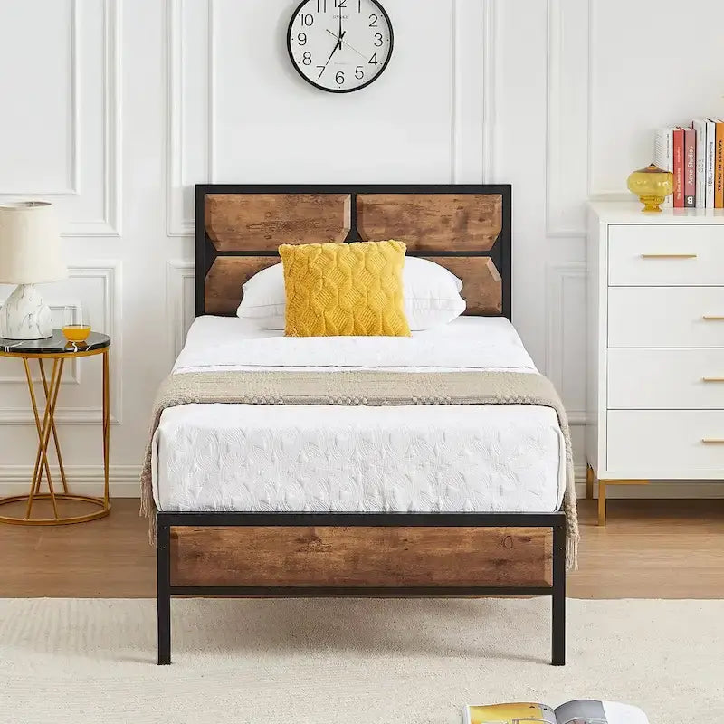 Rustic Brown / Black / Slate Industrial Platform Bed Frame with Headboard – Twin / Full / Queen, 1-Person