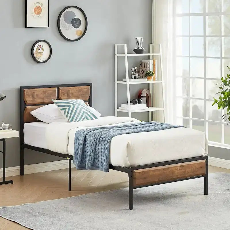 Rustic Brown / Black / Slate Industrial Platform Bed Frame with Headboard – Twin / Full / Queen, 1-Person