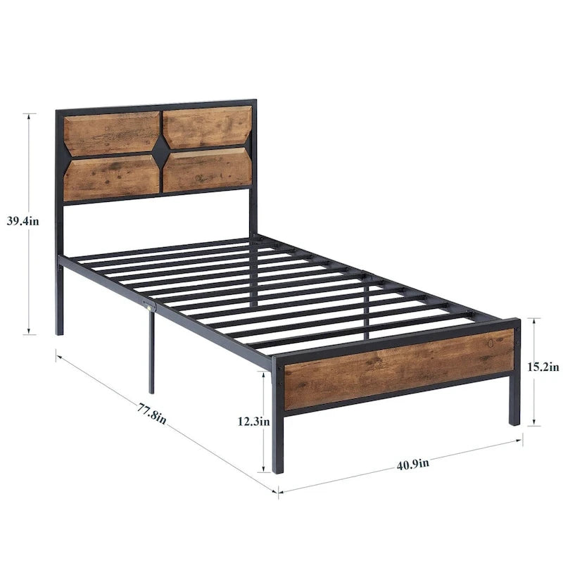 Rustic Brown / Black / Slate Industrial Platform Bed Frame with Headboard – Twin / Full / Queen, 1-Person