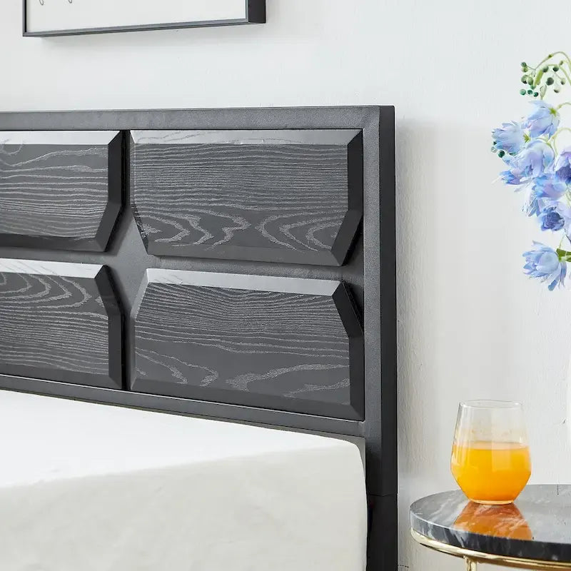 Rustic Brown / Black / Slate Industrial Platform Bed Frame with Headboard – Twin / Full / Queen, 1-Person