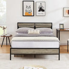 Rustic Brown / Black / Slate Industrial Platform Bed Frame with Headboard – Twin / Full / Queen, 1-Person