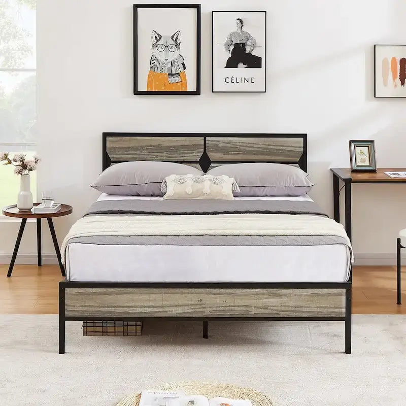 Rustic Brown / Black / Slate Industrial Platform Bed Frame with Headboard – Twin / Full / Queen, 1-Person