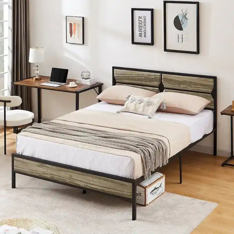 Rustic Brown / Black / Slate Industrial Platform Bed Frame with Headboard – Twin / Full / Queen, 1-Person