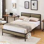 Rustic Brown / Black / Slate Industrial Platform Bed Frame with Headboard – Twin / Full / Queen, 1-Person