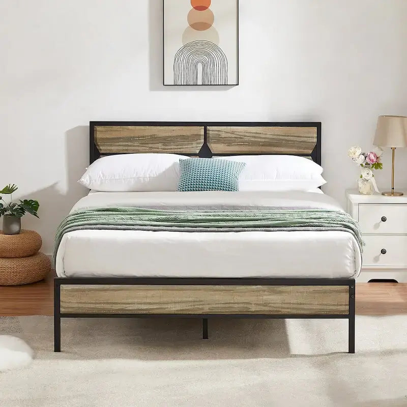 Rustic Brown / Black / Slate Industrial Platform Bed Frame with Headboard – Twin / Full / Queen, 1-Person