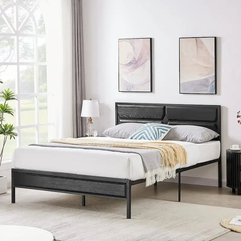 Rustic Brown / Black / Slate Industrial Platform Bed Frame with Headboard – Twin / Full / Queen, 1-Person