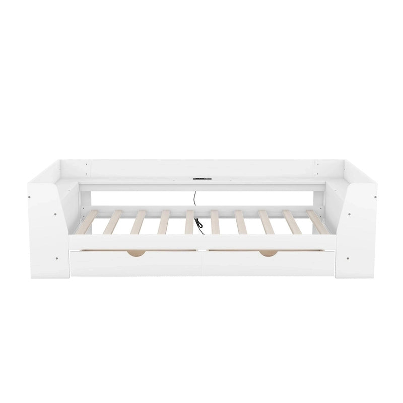 White/Gray Minimalist Twin Daybed with Storage & Charging Station, 1-Person