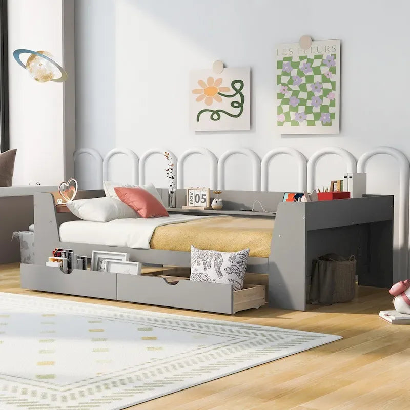White/Gray Minimalist Twin Daybed with Storage & Charging Station, 1-Person