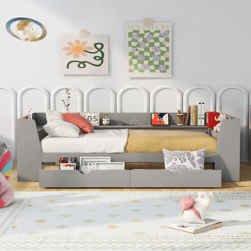 White/Gray Minimalist Twin Daybed with Storage & Charging Station, 1-Person