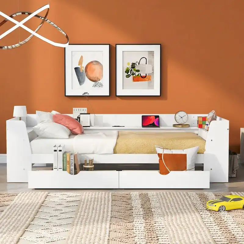 White/Gray Minimalist Twin Daybed with Storage & Charging Station, 1-Person