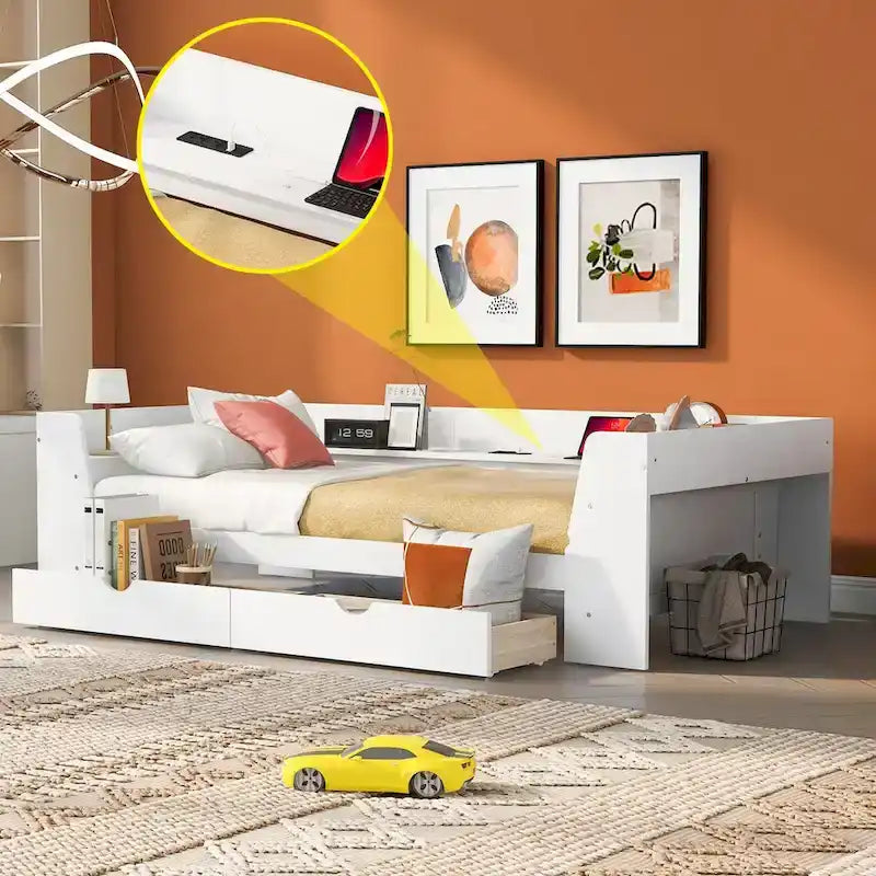 White/Gray Minimalist Twin Daybed with Storage & Charging Station, 1-Person