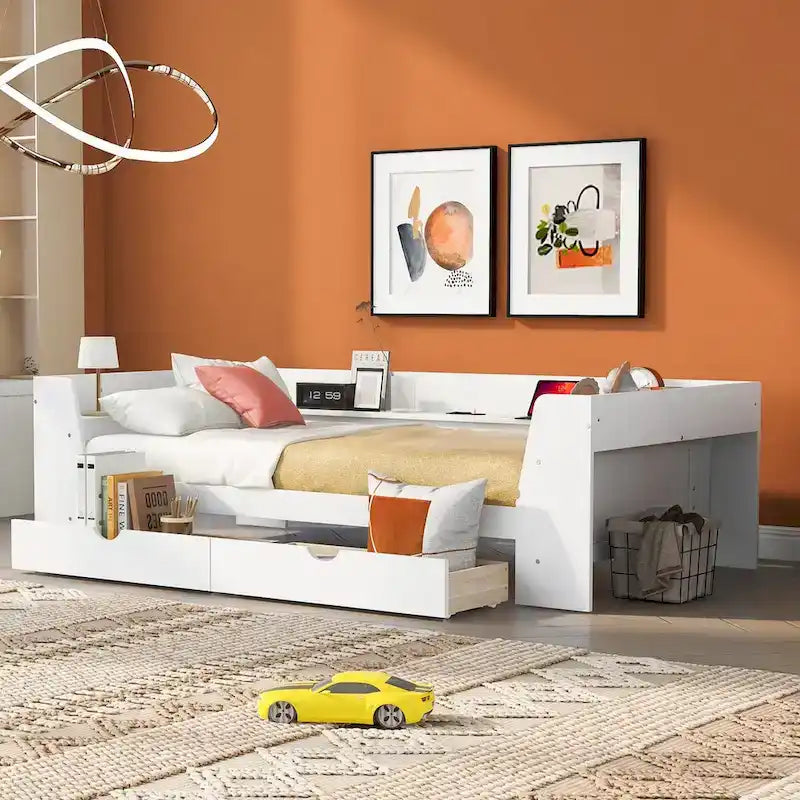 White/Gray Minimalist Twin Daybed with Storage & Charging Station, 1-Person