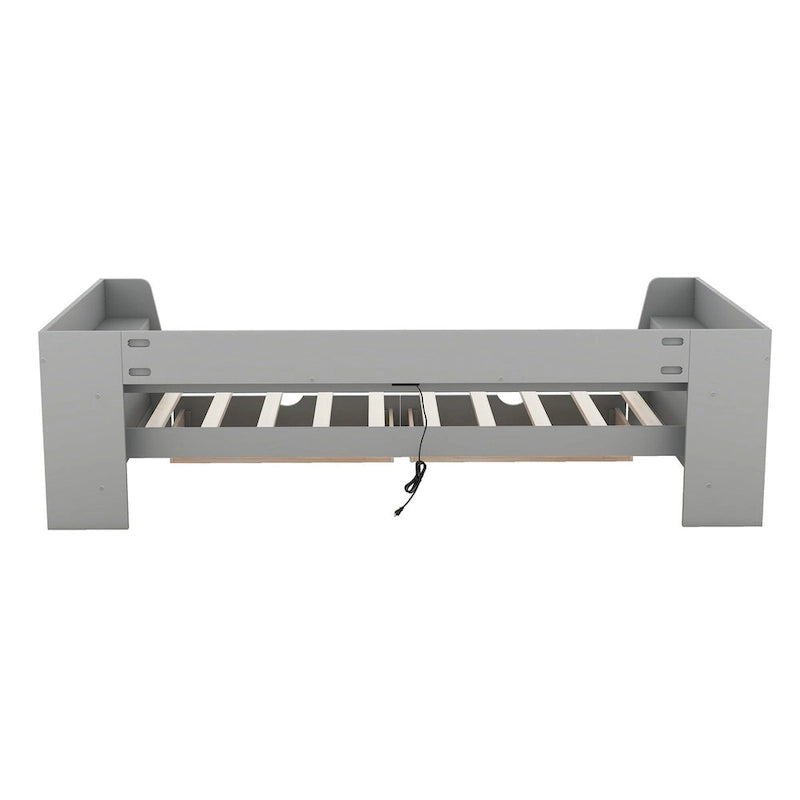 White/Gray Minimalist Twin Daybed with Storage & Charging Station, 1-Person
