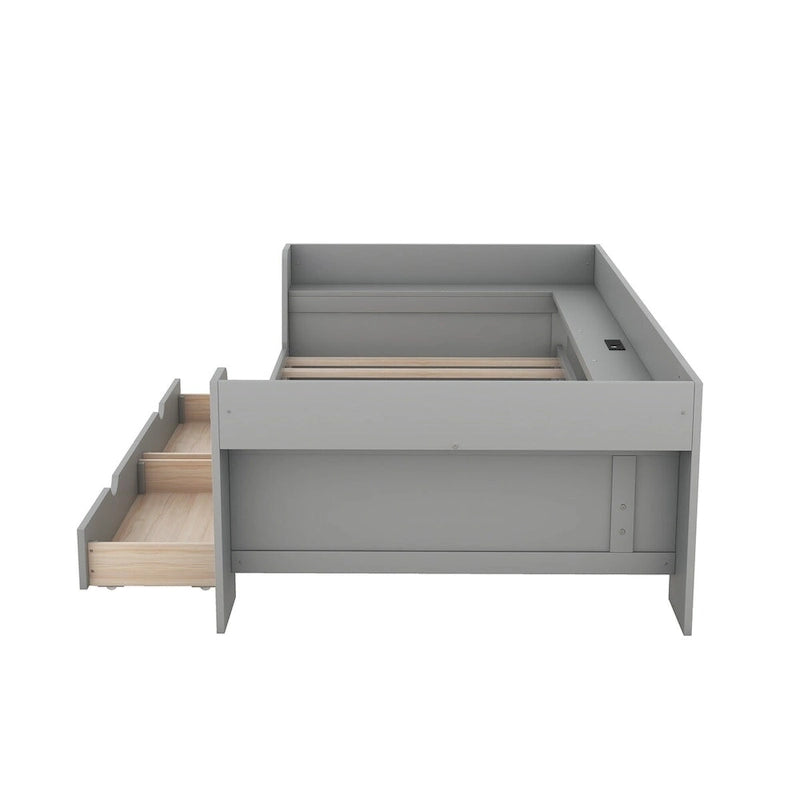 White/Gray Minimalist Twin Daybed with Storage & Charging Station, 1-Person