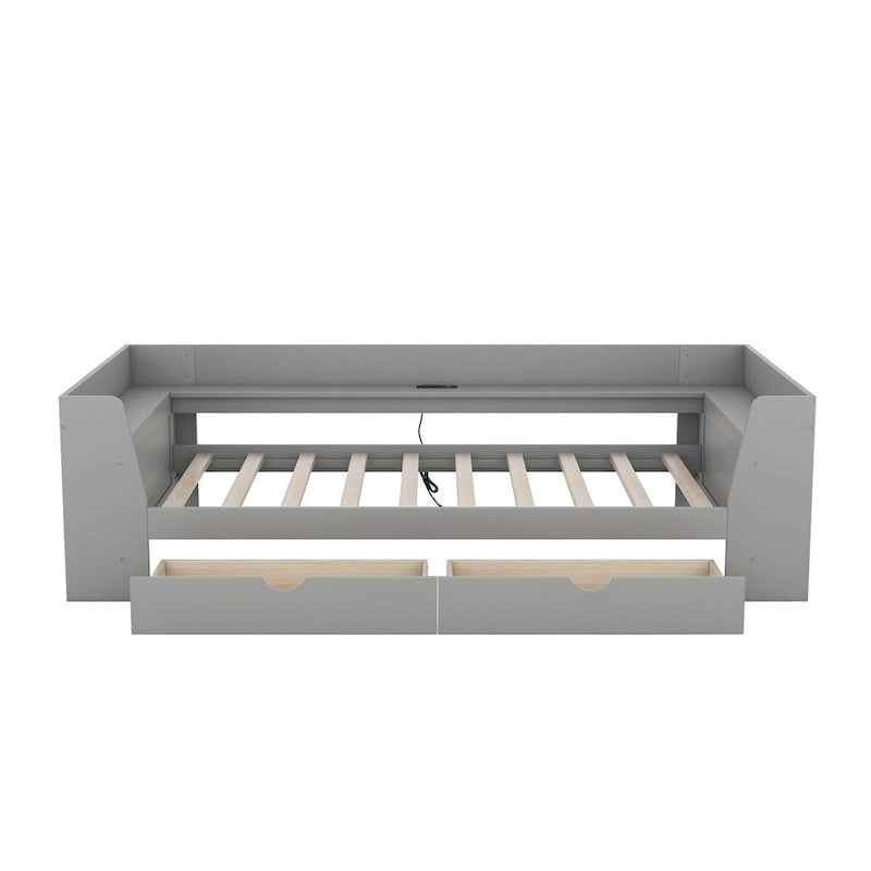 White/Gray Minimalist Twin Daybed with Storage & Charging Station, 1-Person