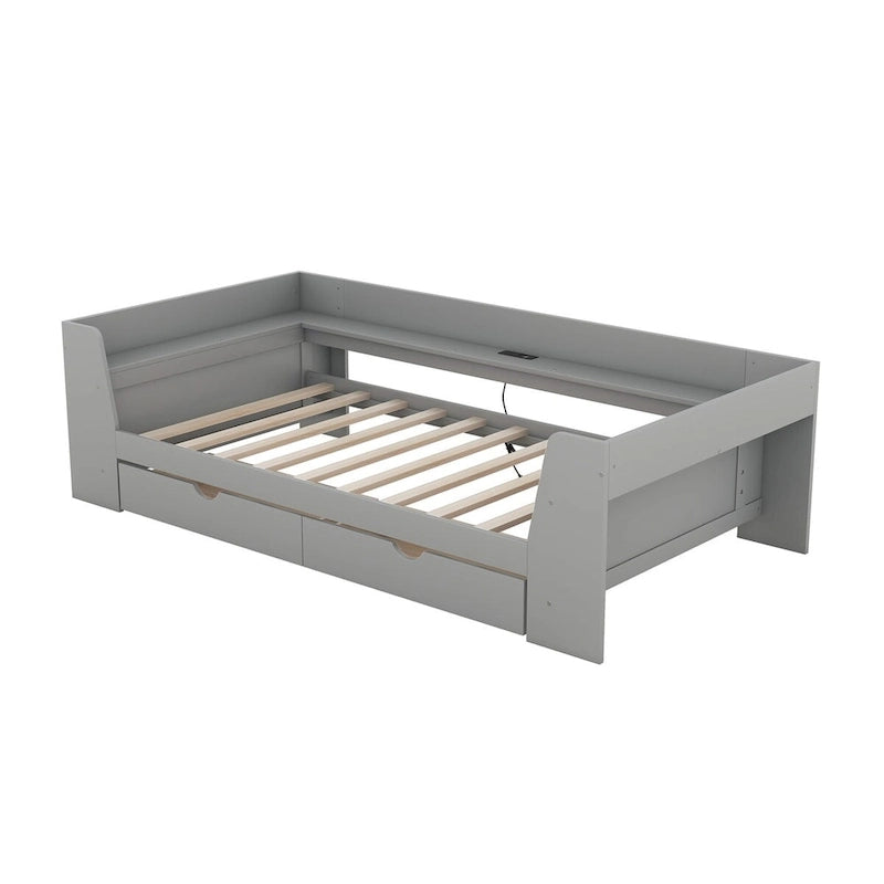 White/Gray Minimalist Twin Daybed with Storage & Charging Station, 1-Person