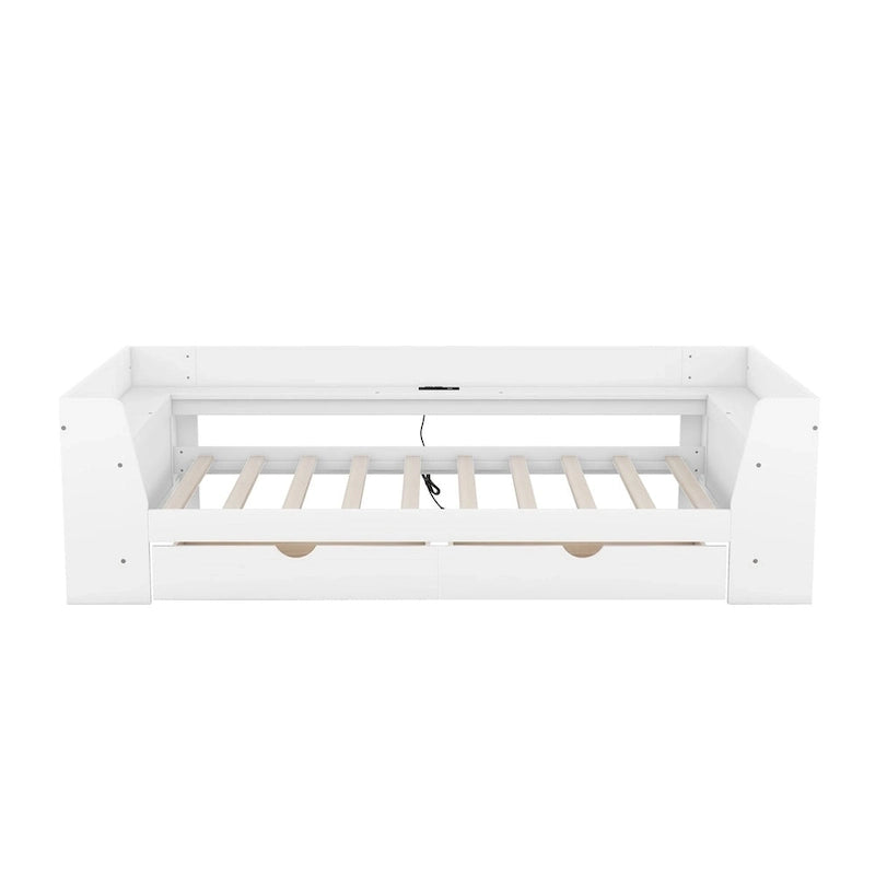 White/Gray Minimalist Twin Daybed with Storage & Charging Station, 1-Person