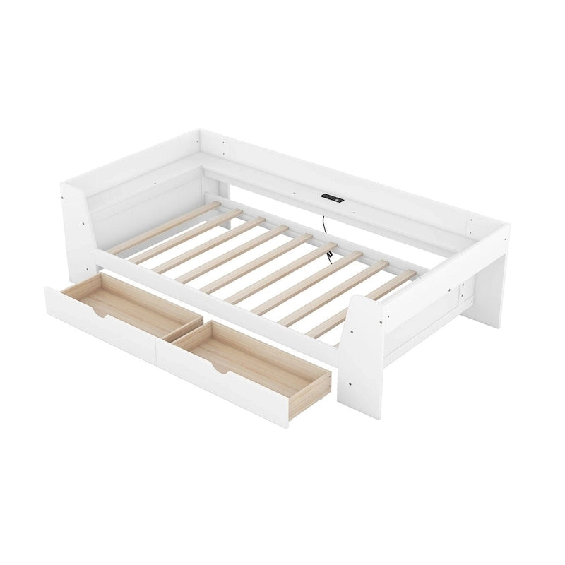 White/Gray Minimalist Twin Daybed with Storage & Charging Station, 1-Person