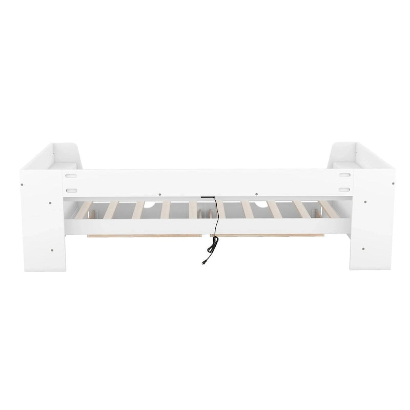 White/Gray Minimalist Twin Daybed with Storage & Charging Station, 1-Person